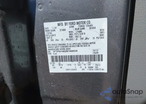 2008 Ford F-150 Xlt из США, поврежденный, VIN 1FTPW14528FA68530